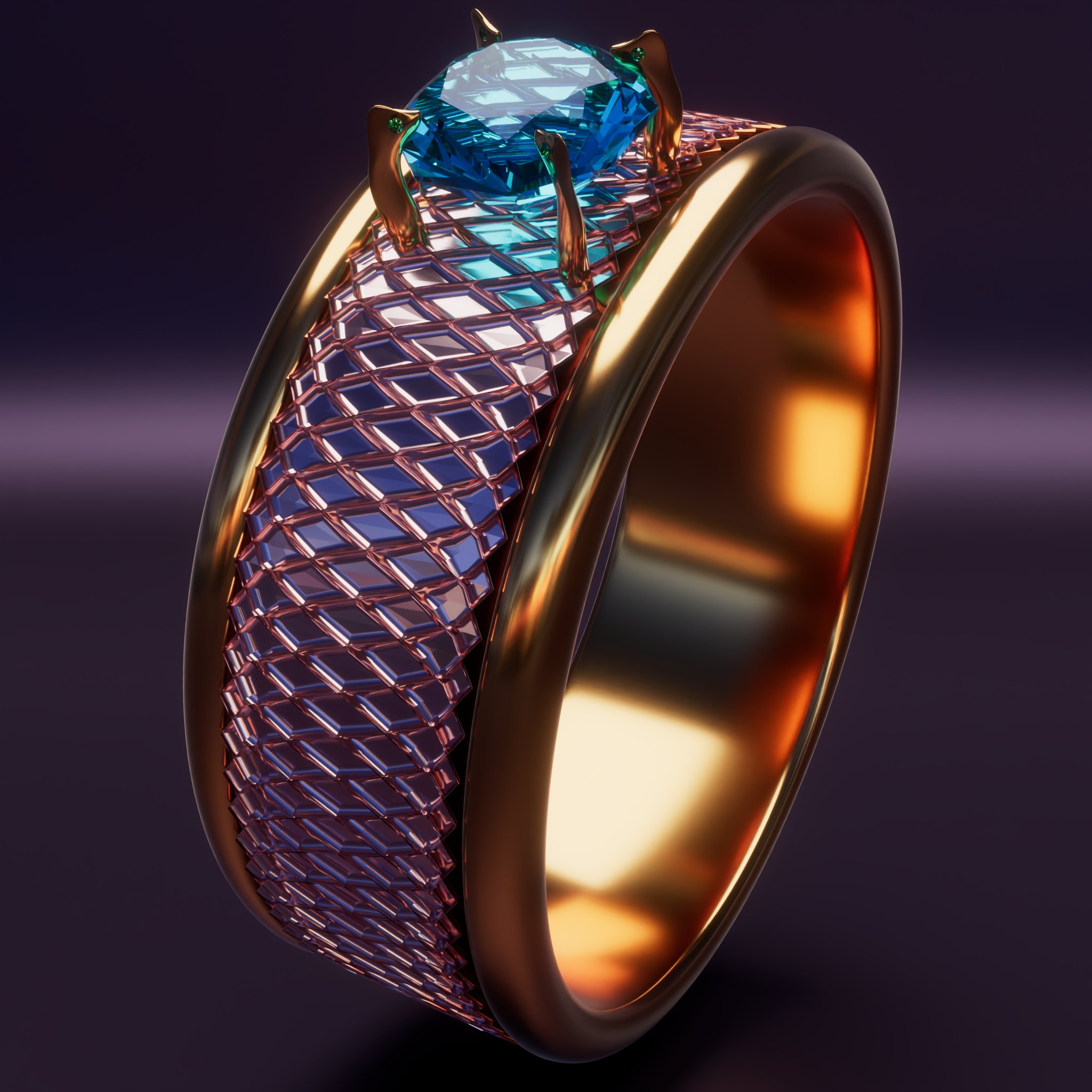 Two-tone ring render with aquamarine and emerald gemstones