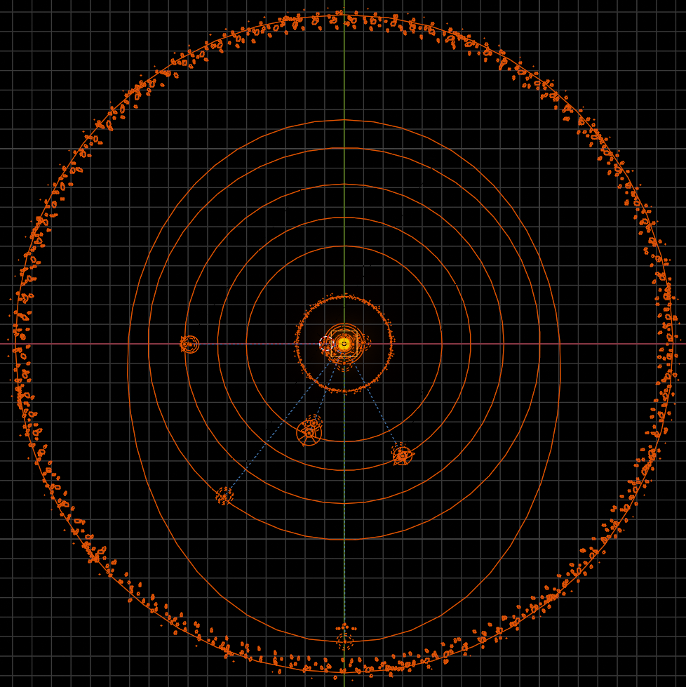 Orbital map with orange solar system paths on a black grid